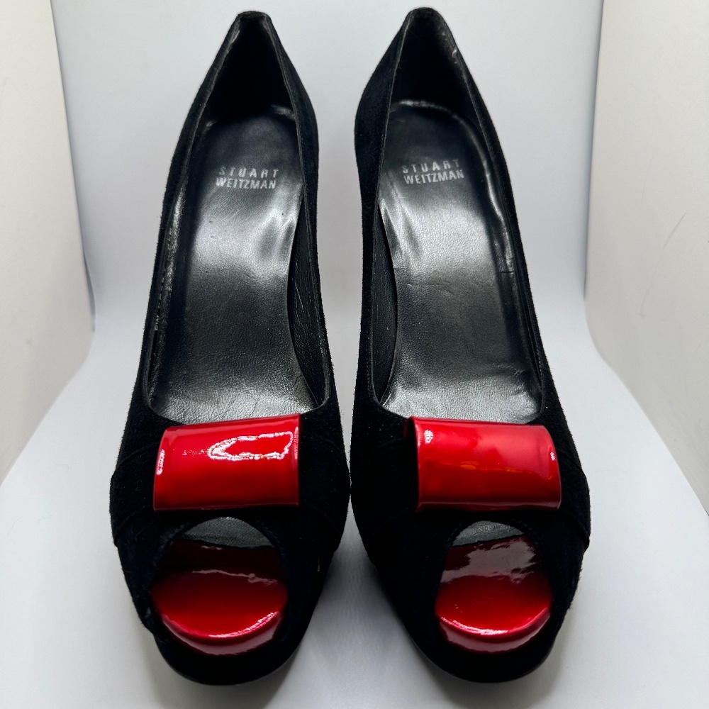 Stuart Weitzman Puente Black Suede and Cherry Red Heels -- Size 8.5.